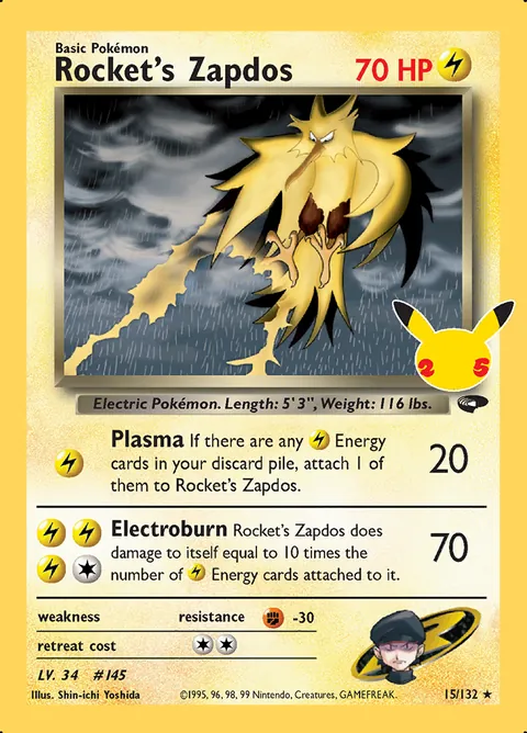 Rocket's Zapdos 15/132 Celebrations Classic Collection (CEL:CC) Pokémon card (Near Mint)