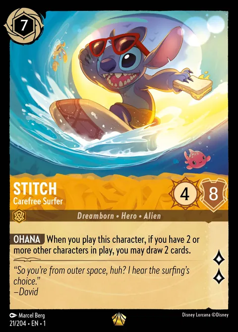 Stitch - Carefree Surfer #021 The First Chapter Disney Lorcana card (Near Mint)