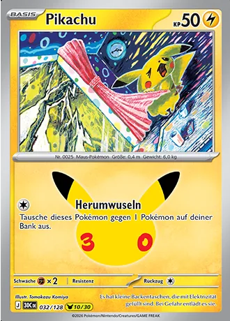 Pikachu 032/128 30 Jahre (30C) Pokémon-Karte (Near Mint)
