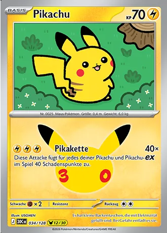 Pikachu 034/128 30 Jahre (30C) Pokémon-Karte (Near Mint)