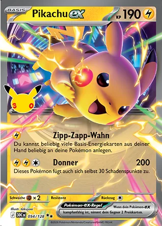 Pikachu-ex 054/128 30 Jahre (30C) Pokémon-Karte (Near Mint)