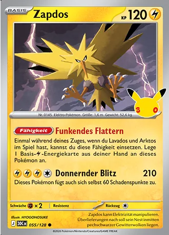 Zapdos 055/128 30 Jahre (30C) Pokémon-Karte (Near Mint)