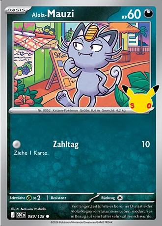 Alola-Mauzi 089/128 30 Jahre (30C) Pokémon-Karte (Near Mint)