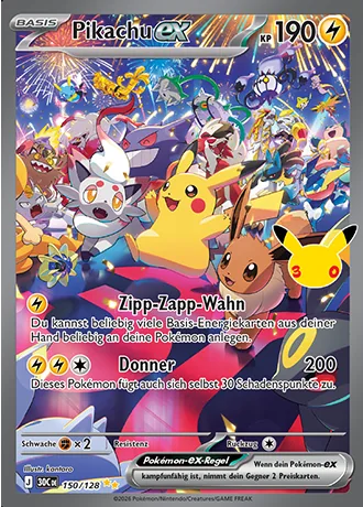 Pikachu-ex 150/128 30 Jahre (30C) Pokémon-Karte (Near Mint)