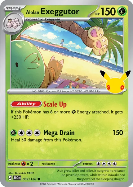 Alolan Exeggutor 002/128 30th Celebration (30C) Pokémon card (Near Mint)