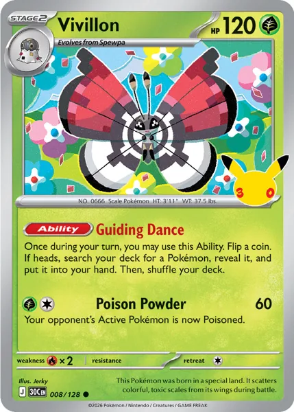 Vivillon 008/128 30th Celebration (30C) Pokémon card (Near Mint)