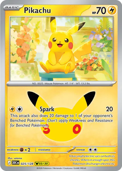Pikachu 025/128 30th Celebration (30C) Pokémon card (Near Mint)