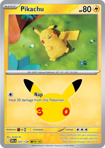 Pikachu 027/128 30th Celebration (30C) Pokémon card (Near Mint)