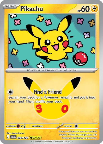 Pikachu 029/128 30th Celebration (30C) Pokémon card (Near Mint)