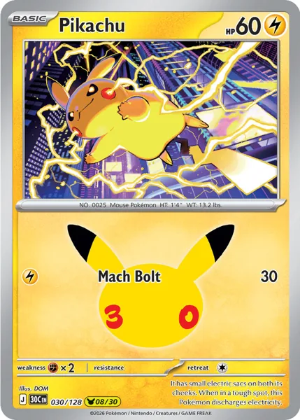 Pikachu 030/128 30th Celebration (30C) Pokémon card (Near Mint)