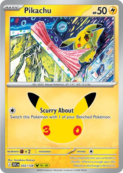 Pikachu 032/128 30th Celebration (30C) Pokémon card (Near Mint)