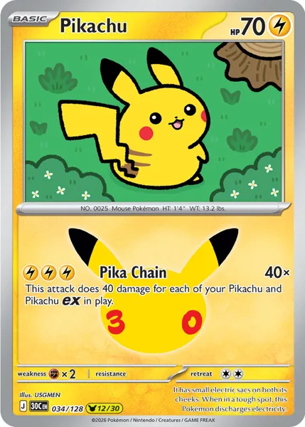 Pikachu 034/128 30th Celebration (30C) Pokémon card (Near Mint)
