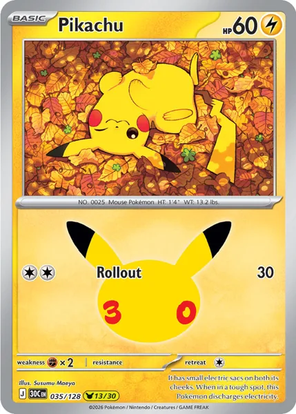 Pikachu 035/128 30th Celebration (30C) Pokémon card (Near Mint)