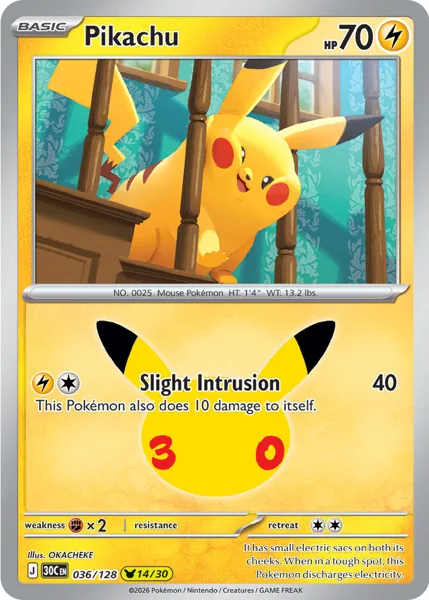 Pikachu 036/128 30th Celebration (30C) Pokémon card (Near Mint)