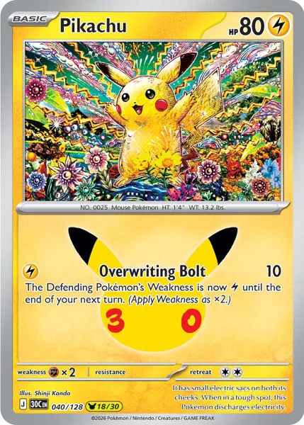 Pikachu 040/128 30th Celebration (30C) Pokémon card (Near Mint)