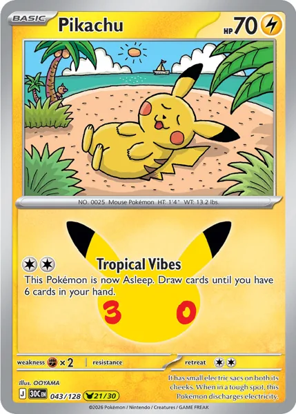 Pikachu 043/128 30th Celebration (30C) Pokémon card (Near Mint)