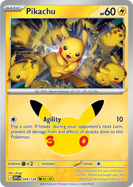 Pikachu 044/128 30th Celebration (30C) Pokémon card (Near Mint)