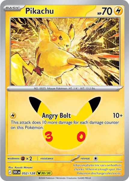 Pikachu 052/128 30th Celebration (30C) Pokémon card (Near Mint)