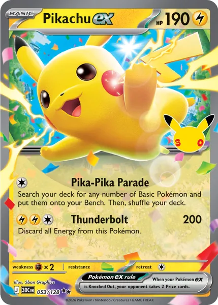 Pikachu ex 053/128 30th Celebration (30C) Pokémon card (Near Mint)