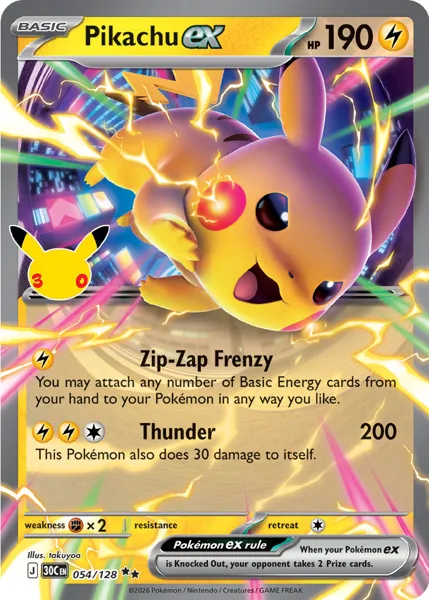Pikachu ex 054/128 30th Celebration (30C) Pokémon card (Near Mint)