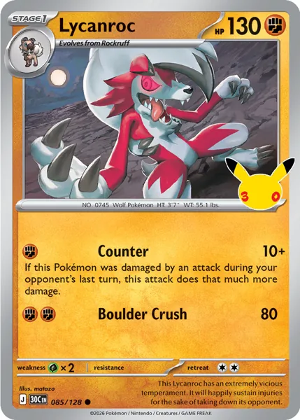 Lycanroc 085/128 30th Celebration (30C) Pokémon card (Near Mint)