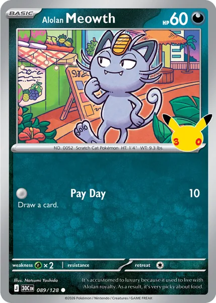 Alolan Meowth 089/128 30th Celebration (30C) Pokémon card (Near Mint)