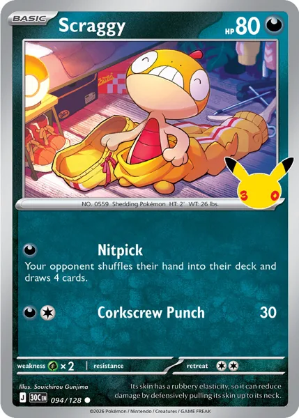 Scraggy 094/128 30th Celebration (30C) Pokémon card (Near Mint)