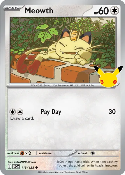 Meowth 113/128 30th Celebration (30C) Pokémon card (Near Mint)