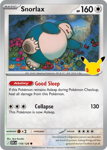 Snorlax 119/128 30th Celebration (30C) Pokémon card (Near Mint)