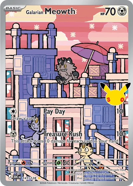 Galarian Meowth 141/128 30th Celebration (30C) Pokémon card (Near Mint)